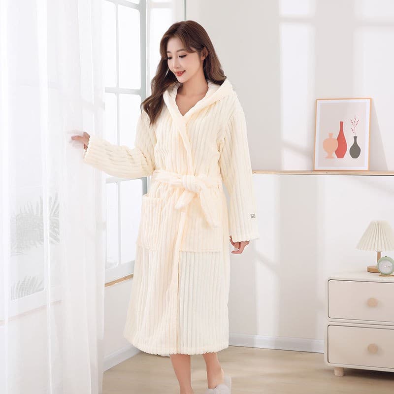 New Autumn/Winter Long Thick Striped Coral Fleece Bathrobe, Absorbent, Breathable, Loungewear & Sleepwear