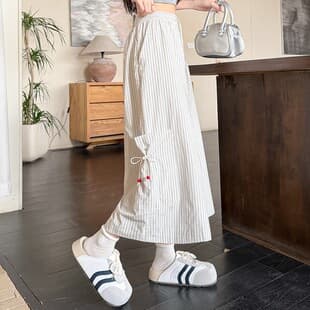 Original Woven Striped Straight Casual Pants for Women, New Summer Drawstring Korean Style Wide-Leg Pants