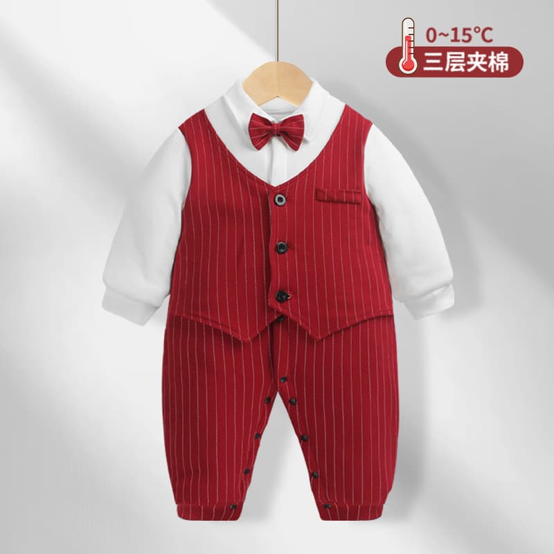 Winter Class A Pure Cotton Gentleman Baby Romper Infant Full Moon 100 Days Birthday Party Outfit Comfortable Warm Thickened