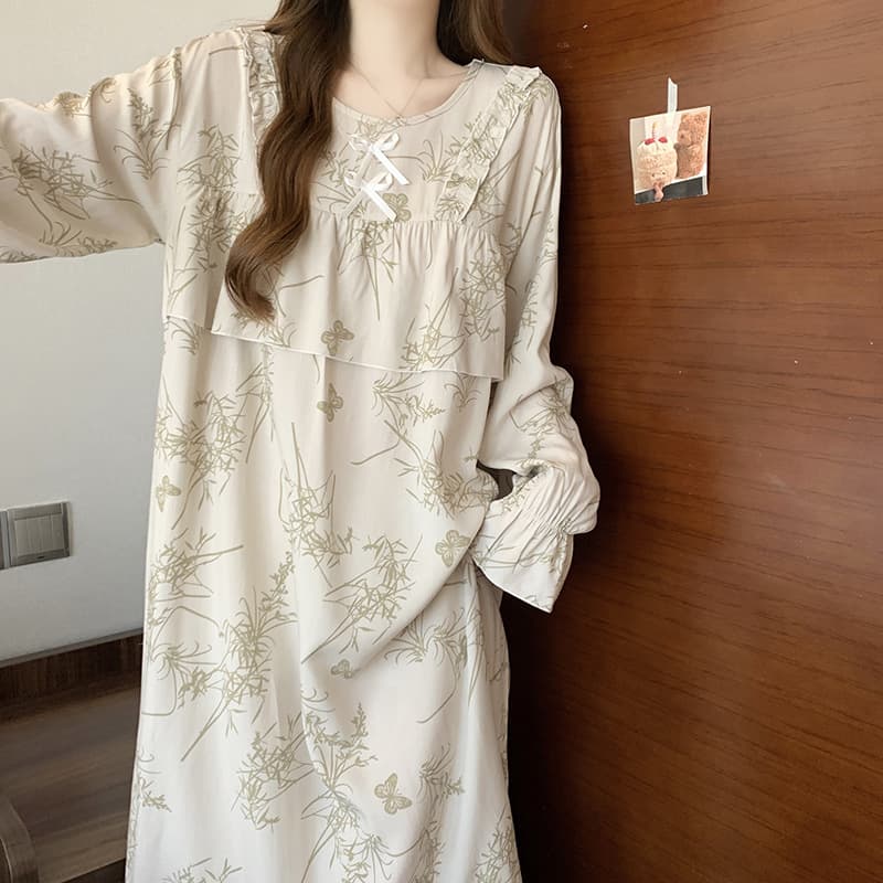 Cotton Silk Nightgown Women 2025 Summer New Long Sleeve Beach Dress Thin Style Wearable Outside Ins Style Homewear Wholesale