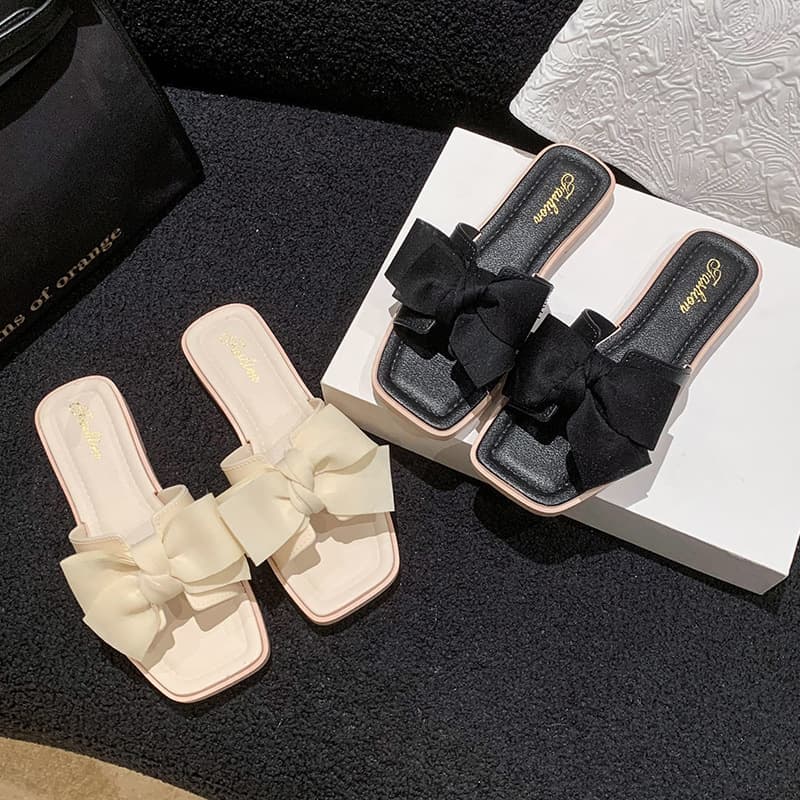 Bow Slippers for Women Summer Outdoor Wear Trendy New Fashion Home Flat Non-Slip Fairy Style One-Strap Sandals Soft Sole
