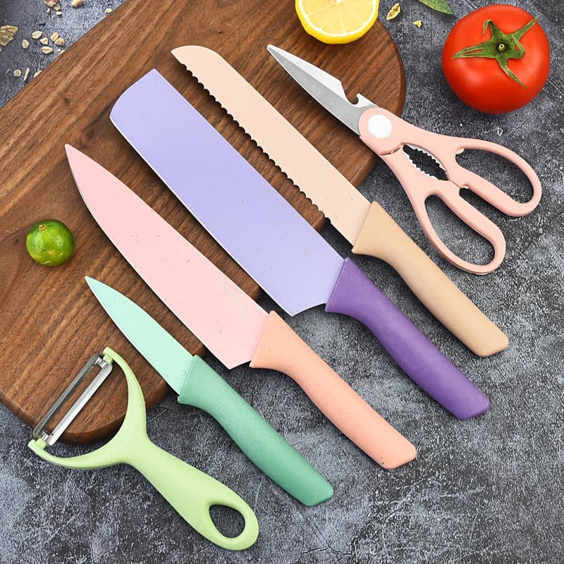 Ready-to-ship Foreign Trade Southeast Asia Popular Macaron Wheat Straw 6-Piece Kitchen Knife Set, Mini Gift Box Set