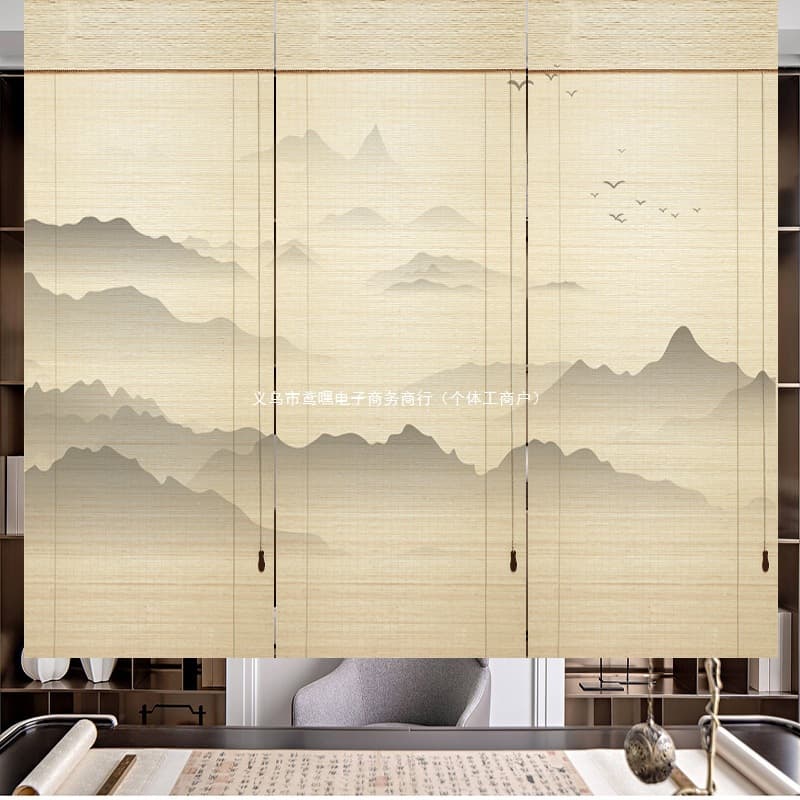Bamboo Roller Curtain with Zen Landscape Design, New Chinese Style Retro Blackout for Japanese Tea Room, Home Partition Door Curtain with Lift Mechanism