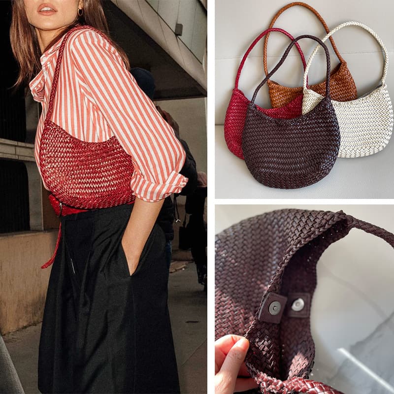 Dragon 8020 French Basket Bag Handwoven Top-Grain Cowhide Shoulder Bag Underarm Handbag for Women