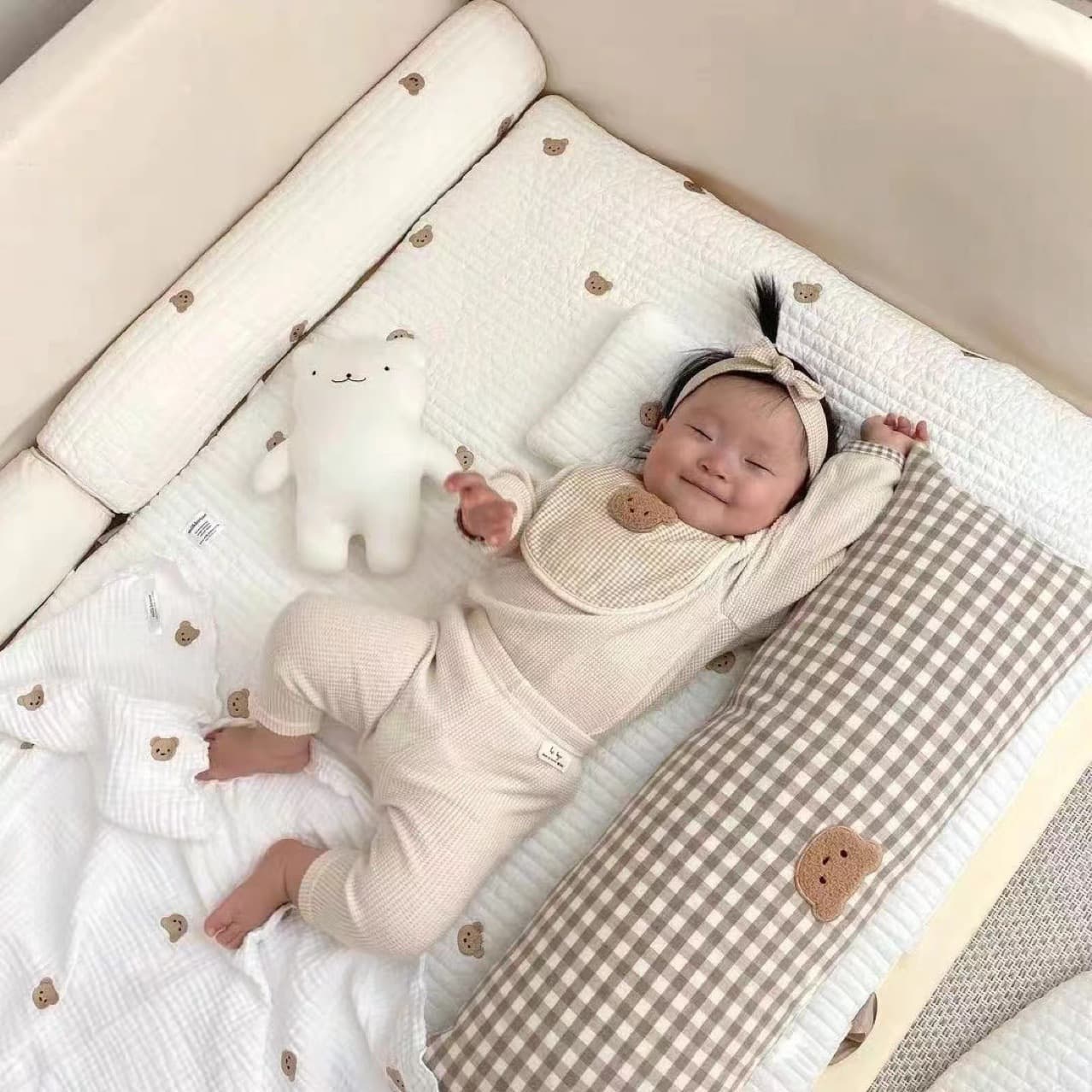 Instagram-worthy rectangular checkered bear 100% cotton comfort and anti-collision pillow for babies, crib bumpers, newborns, and support pillows.