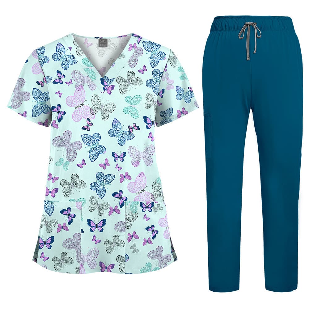 Temu Printed V-Neck Stretch Quick-Dry Workwear Set Nurse Uniform Cute Pattern Pediatric Clinic Scrub Top Men