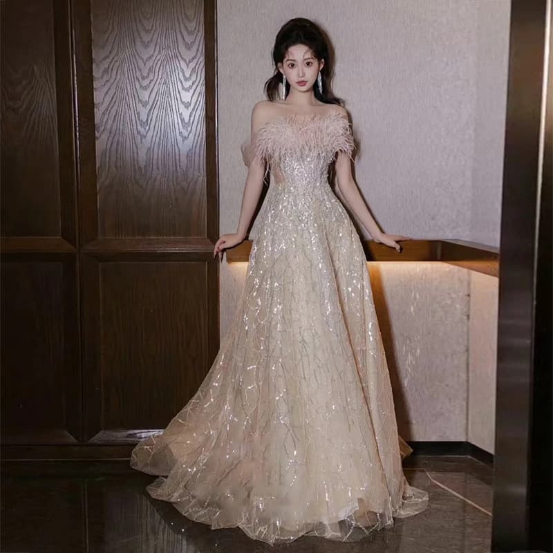 Engagement evening dress women's one-shoulder high-end light luxury niche adult ceremony graduation French feather toast dress dressing gown