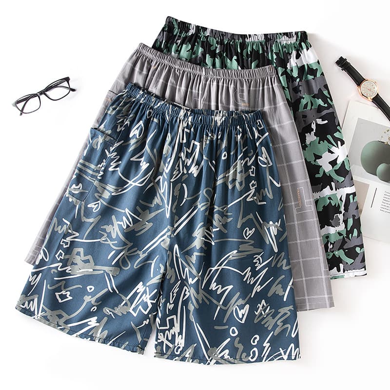 Summer Thin Men's Cotton Silk Sleep Shorts, Rayon Cotton Shorts, Plus Size Beach Shorts, Loose Knee-Length Pants, Home Wear
