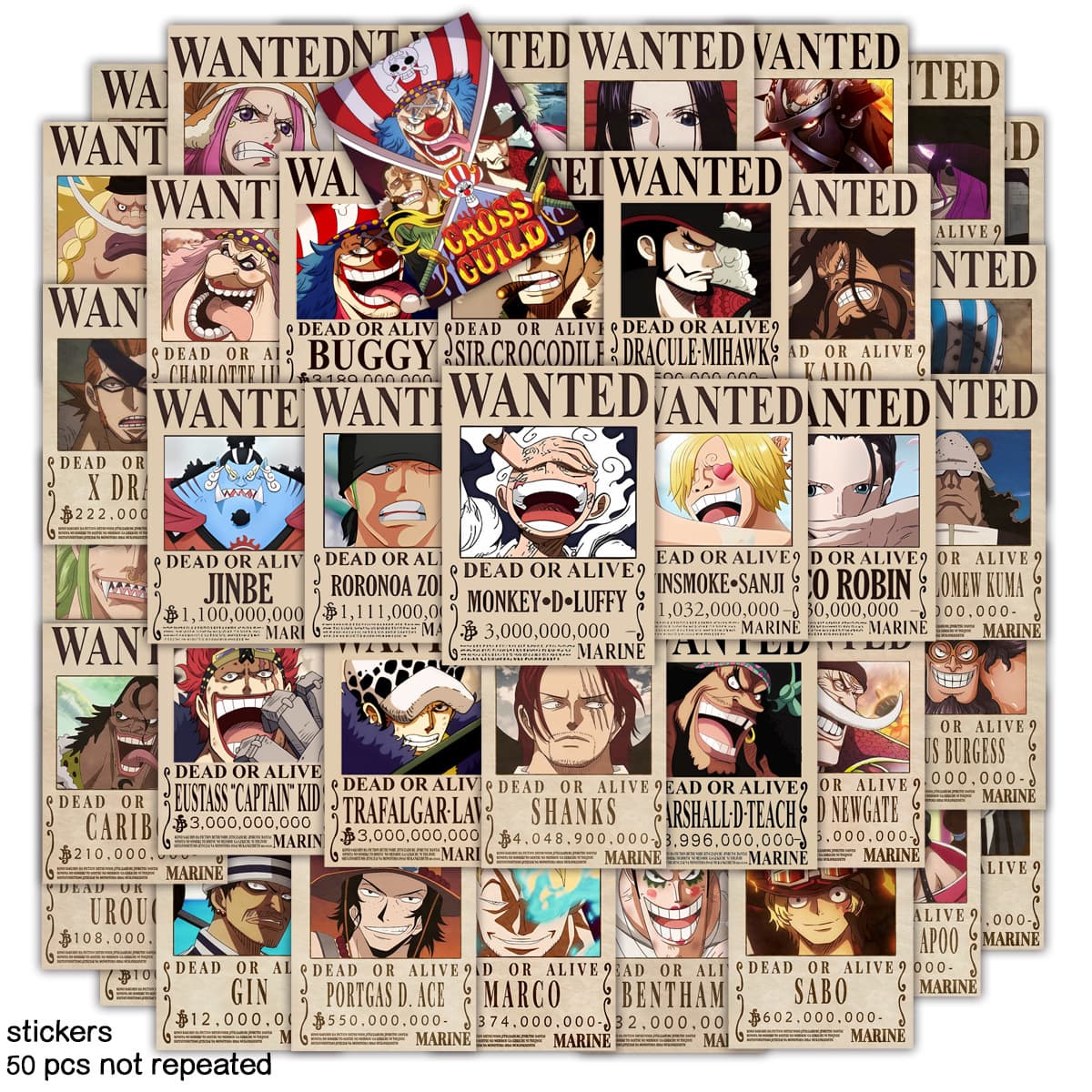 50 One Piece Wanted Posters Stickers for Cars, Luggage, and Phones
