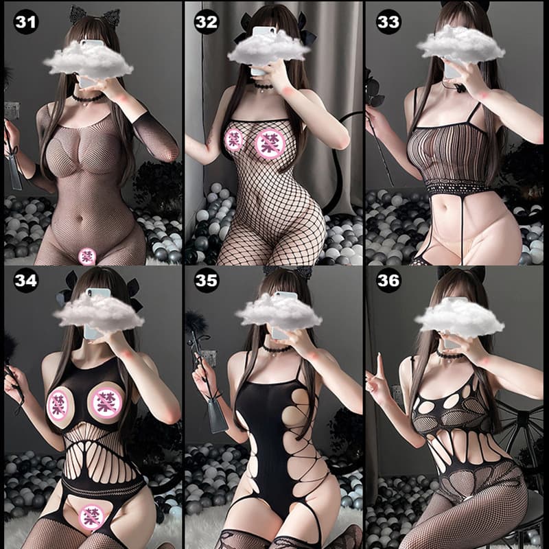 Sexy Lingerie One-Piece Fishnet Bodysuit with Garter Belt, Stockings, Open Crotch, See-Through, Passionate Set