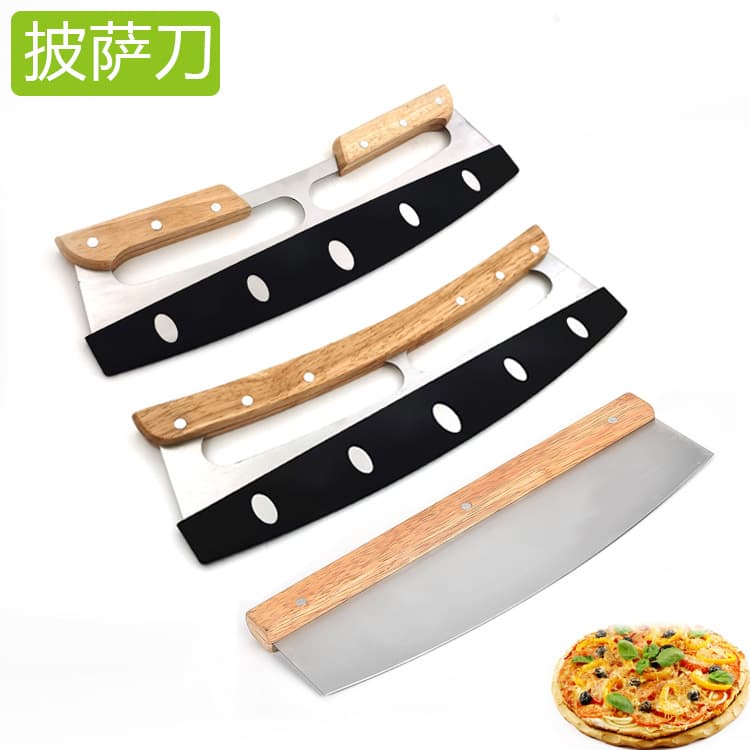 Amazon Best-seller Half-moon Pizza Cutter Wooden Handle Curved Long Stainless Steel Semi-circle Bread Rocker Knife Toast Cutter