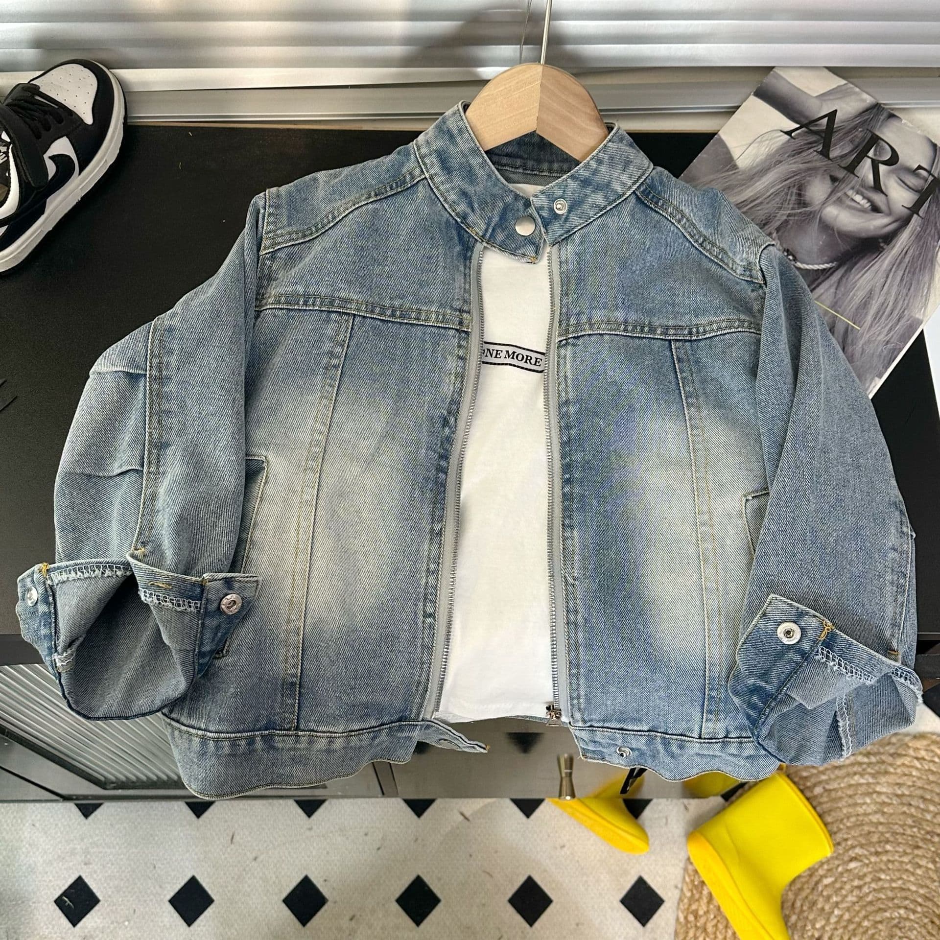 Children's Hong Kong Style Trendy Handsome Sand-Washed Retro Denim Jacket Boys/Girls Casual Short Stand Collar Top Trendy