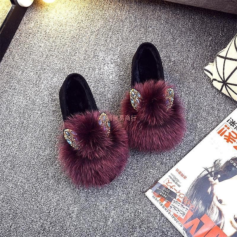 2025 New Genuine Fox Fur Slippers, Autumn/Winter Fleece-Lined Flat Versatile Casual Bean Shoes, Slip-On Women's Moccasins for Outdoor Wear