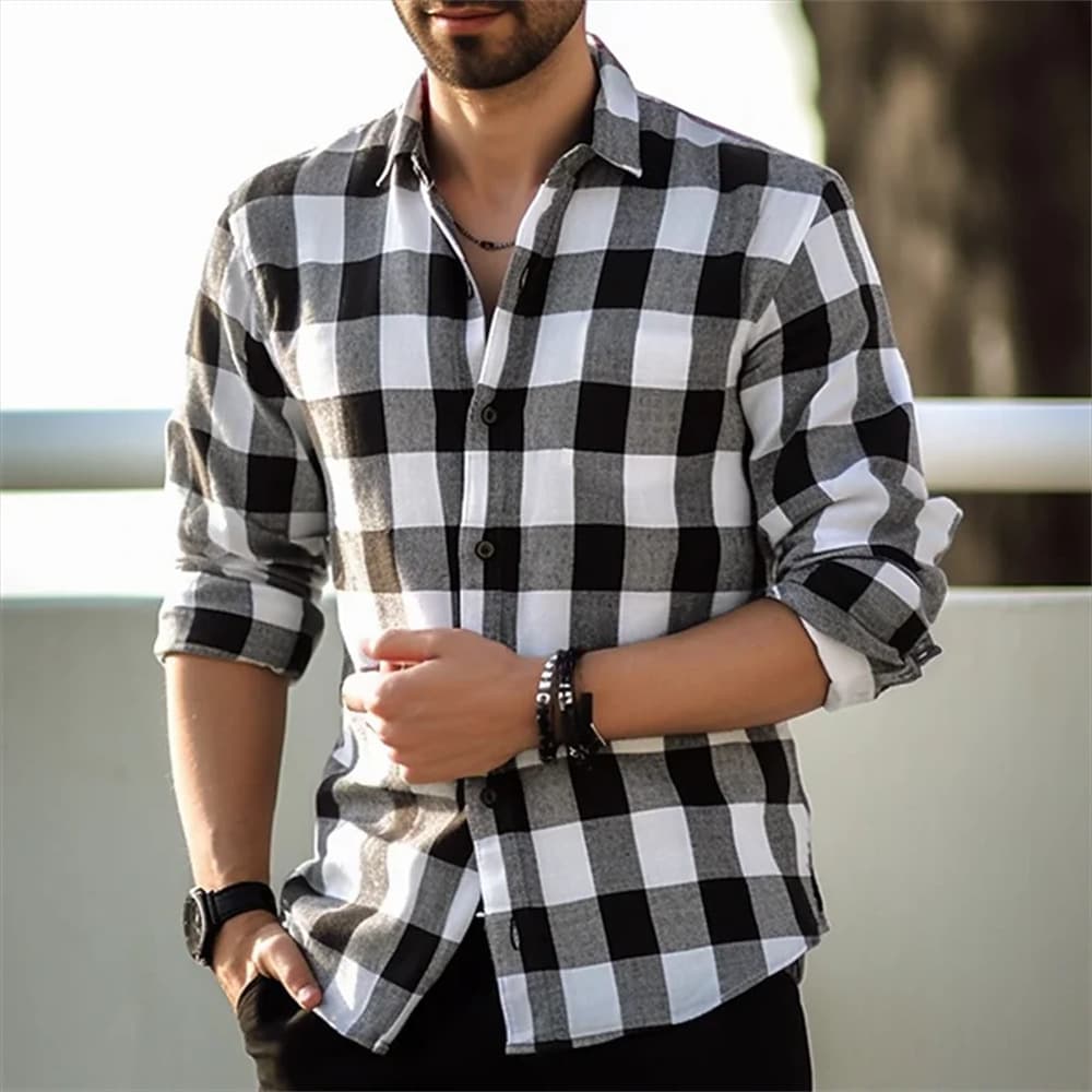 Fashionable Black and White Checkered Shirt for Men Long Sleeve Summer New Arrival with Turn-down Collar Button Down Shirt Casual Loose Fit Clothing