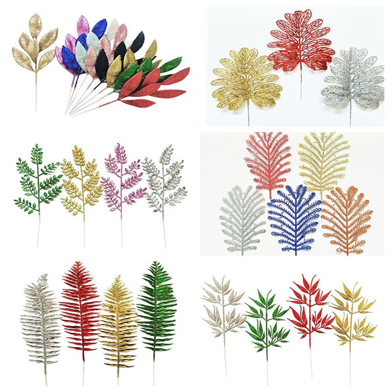 Factory Wholesale Christmas Glitter Leaves Festival Decoration Handmade DIY Branch Artificial Leaves Various Colored Foliage
