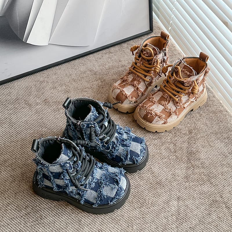 Kids Fashion Martin Boots Round Toe Side Zipper British Style Denim Leather Boots for Girls Autumn Winter Boys Short Boots