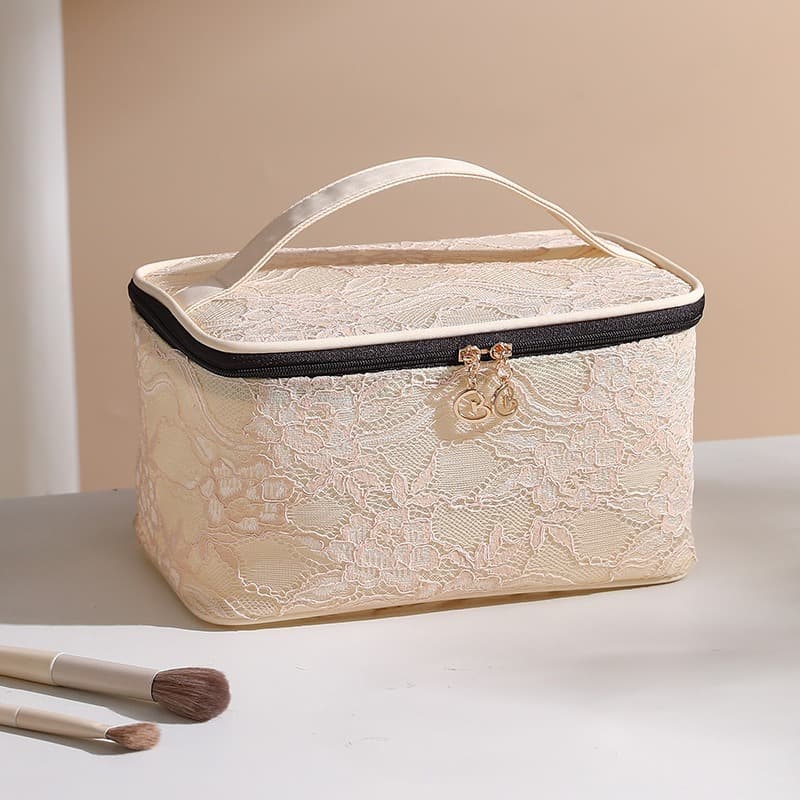 Large Capacity Cosmetic Storage Bag, Exquisite Light Luxury High Aesthetic Portable Handheld Hollow Mesh Lace Makeup Bag