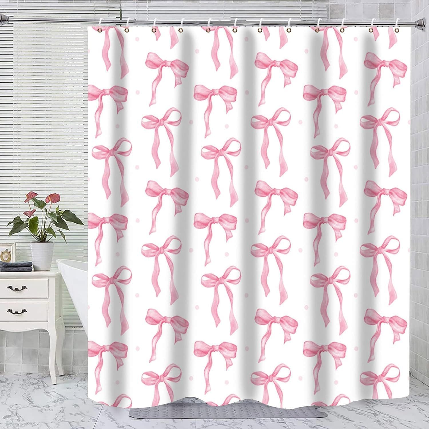 New Pink Bow Polka Dot Print Decorative Shower Curtain Daily Pink Girl Bathroom Waterproof Shower Curtain