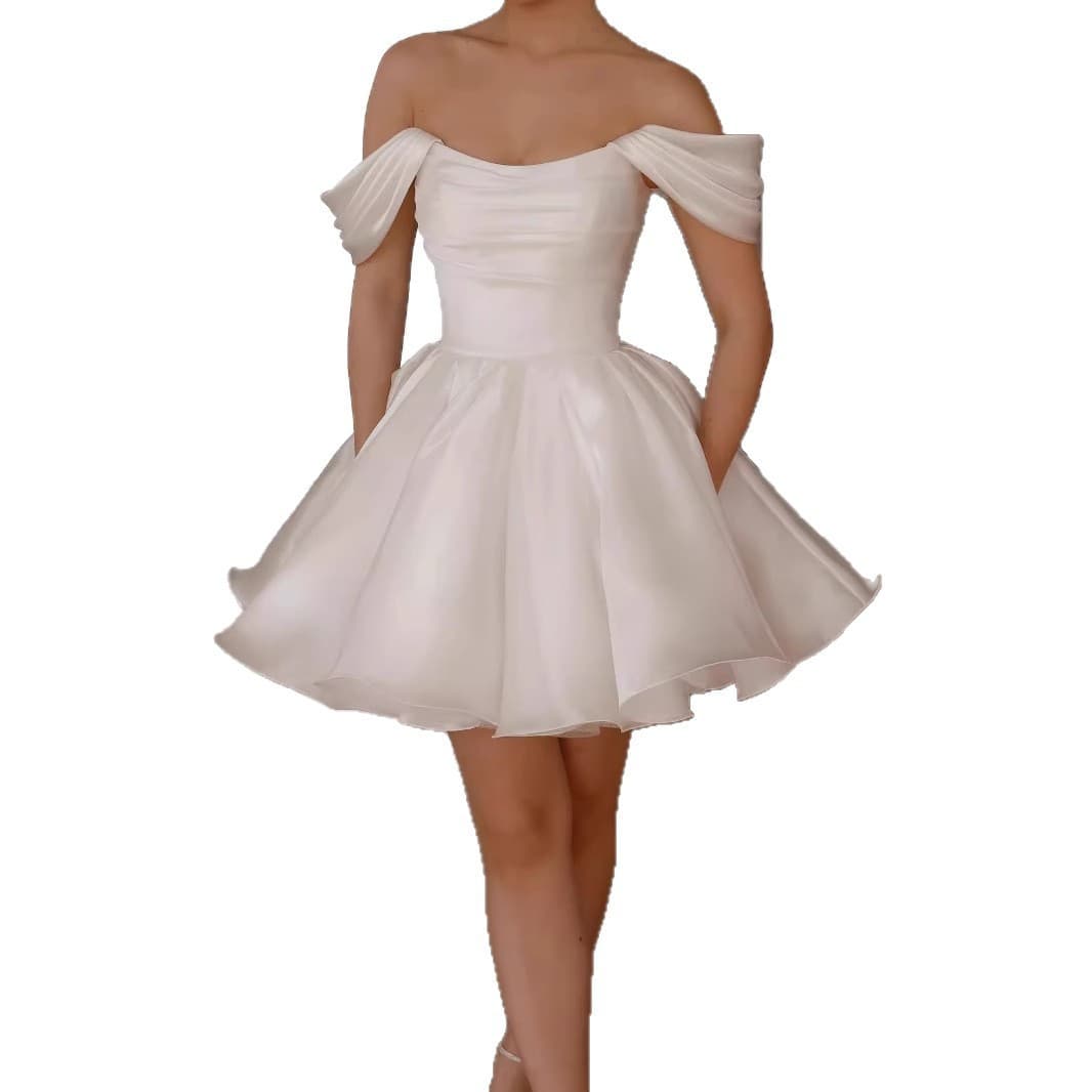French White Off-Shoulder Light Wedding Dress for Banquet, Registration, Certificate, Birthday Party, Short Evening Gown