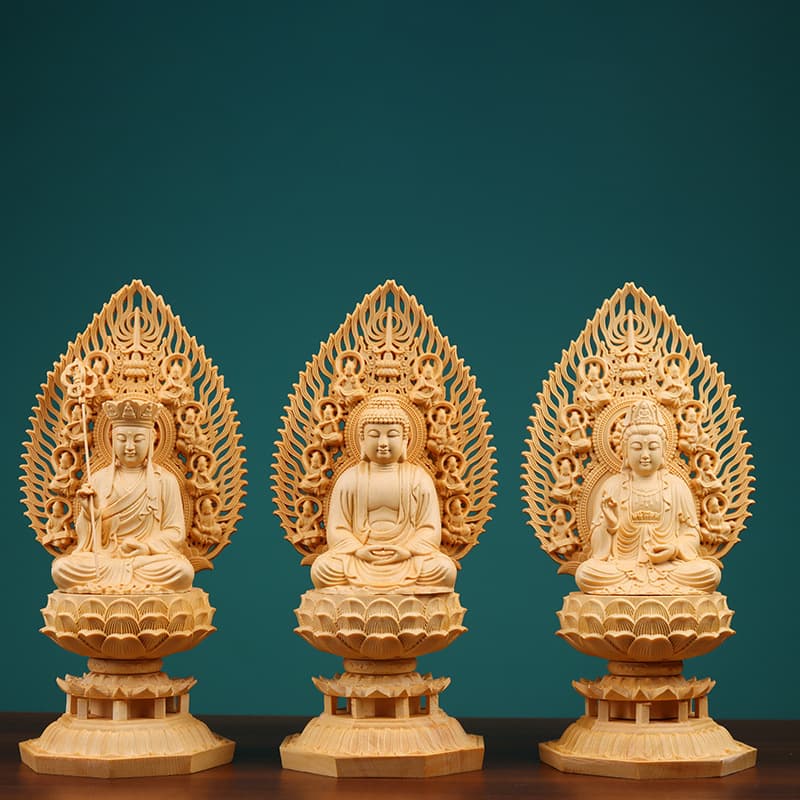 Factory Direct Hinoki Wood Buddha Statue Wooden Home Entryway Altar Seated Figure Western Three Saints Eight Guardian Deities Ornament
