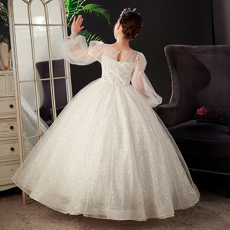 Girls Runway Dress White Sequins Kids Birthday Flower Girl Dress Princess Gown Host Piano Performance Costume