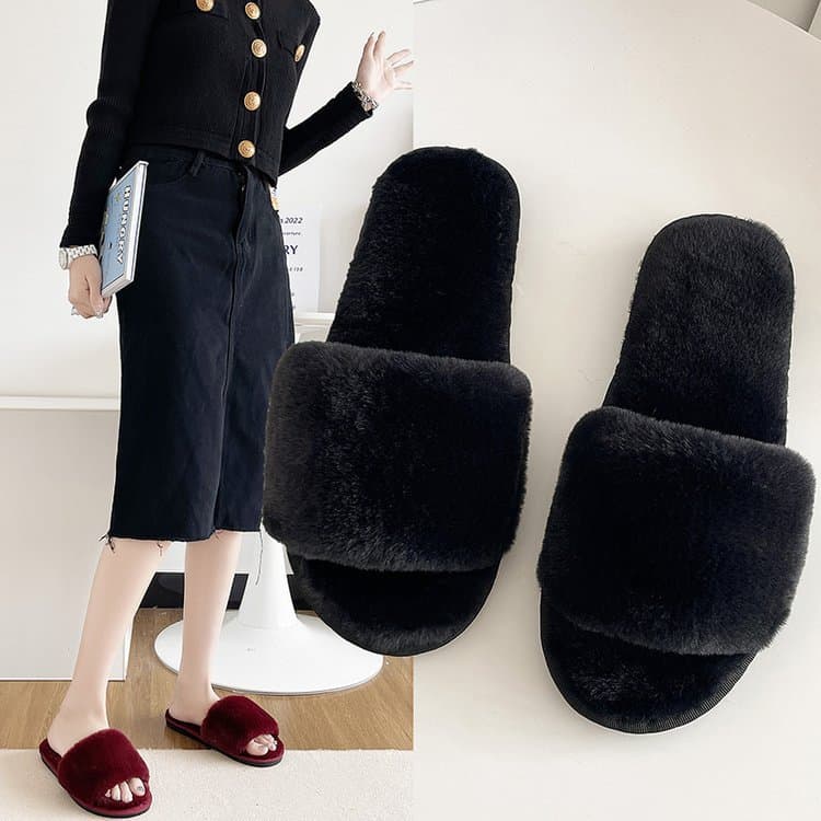 Women's Cotton Slippers, Fuzzy Indoor Home Slippers for Fall/Winter, Short Plush Flat Sole, Anti-Slip Rubber Outsole, Large Size Available