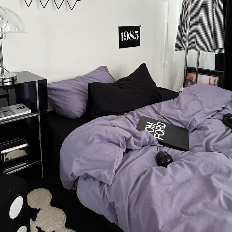 Purple-black Nordic style minimalist all-cotton washed cotton four-piece bedding set, pure cotton solid color sheets, duvet cover, fitted sheet, etc.