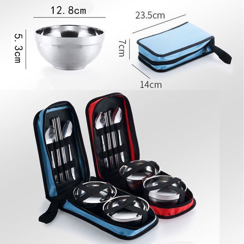 Stainless Steel Tableware Portable Travel Double Bowl Set Gift Tableware Bowl Chopstick Spoon Set