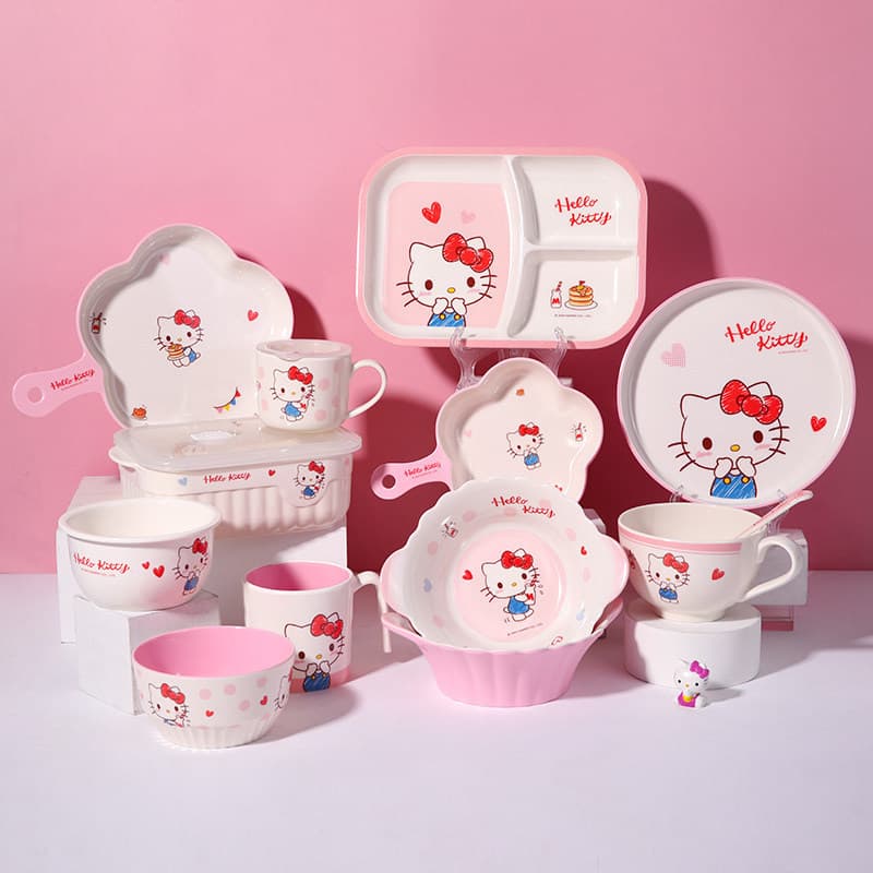 Hello Kitty Kids Tableware Baby Feeding Bowl Girl Divided Plate Home Water Cup Melamine Bowl