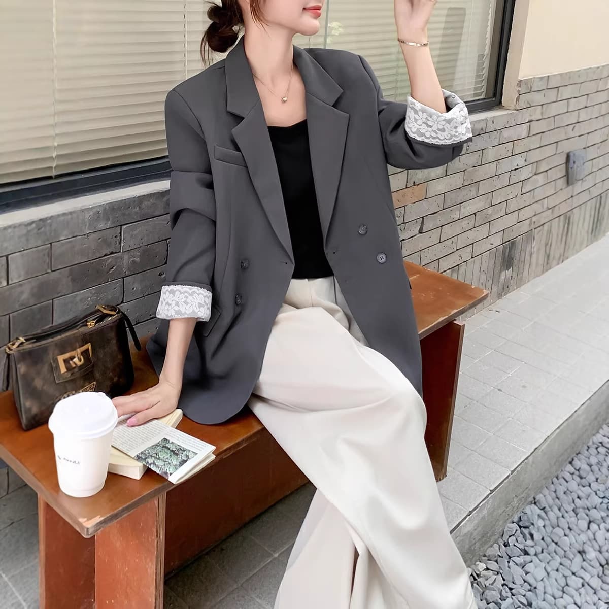 XZ205 - Plus Size Women's Blazer for Spring/Autumn, Gray Patchwork Lace Casual Jacket for Curvy Women