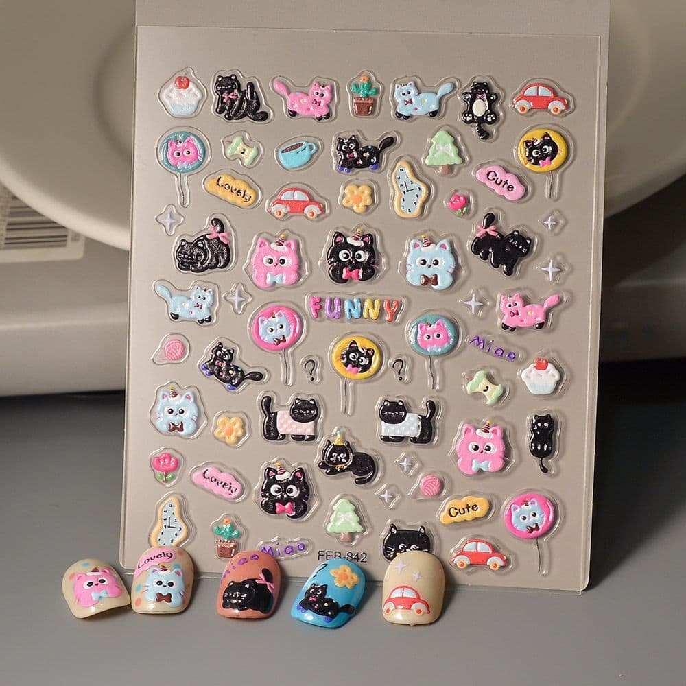 Cute Black Cat Embossed 3D Nail Art Stickers in Stock, CCD Camera Phone Apple 17 Lens Sticker Decoration