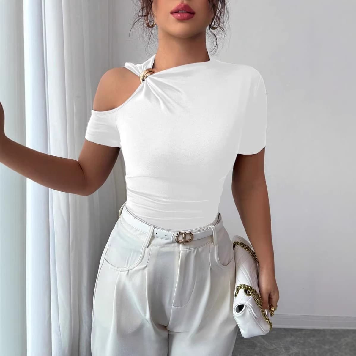 2026 Amazon New Cross-Border Fashion Round Neck Solid Color One-Shoulder Metal Trim Slim Fit Women's Top