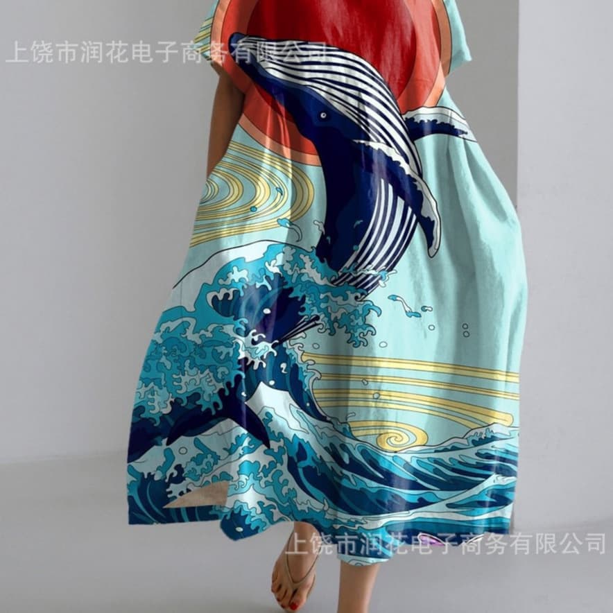2026 Summer Fresh Ocean Style Whale Long Dress Loose Batwing Sleeve Printed Dress Casual Women's Wear for Outings