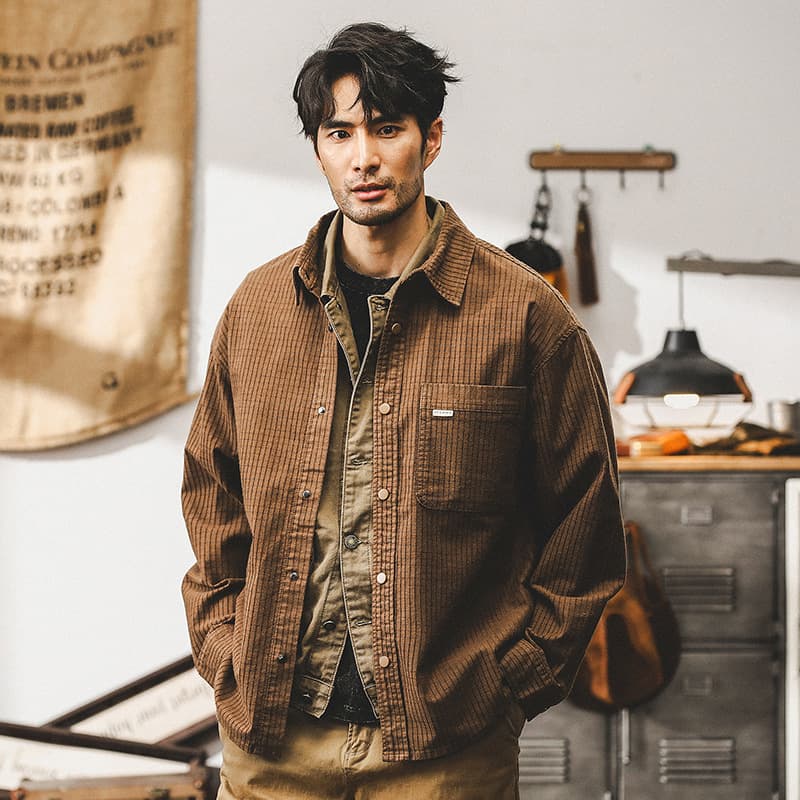 American Retro Waffle Grid Workwear Shirt for Men Long Sleeve Loose Heavyweight Shirt Outdoor Commute Men's Fall Jacket