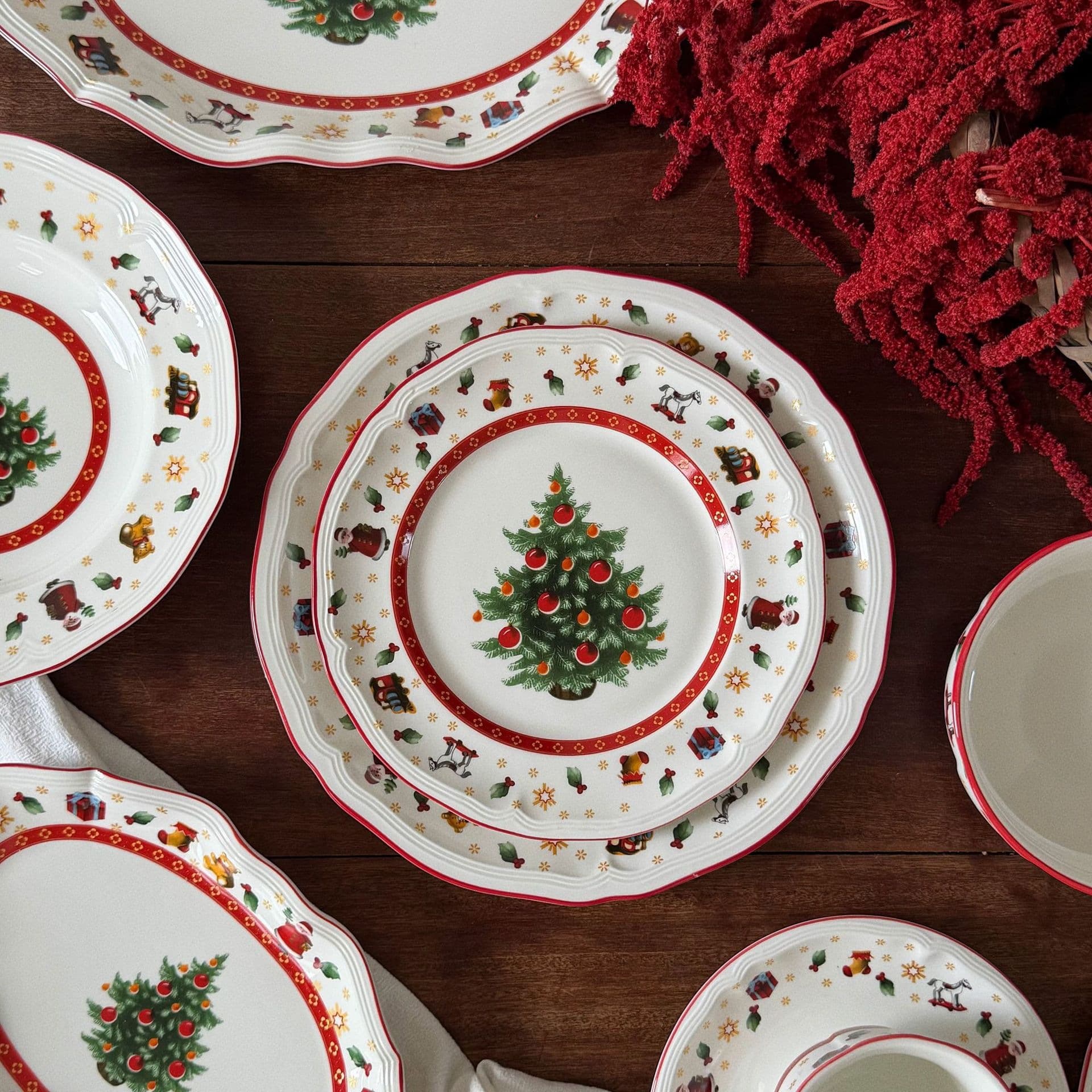 Vintage Christmas Tree Ceramic Dinnerware Set - Plates, Bowls, Deep Plates, Coffee Cup & Saucer, Western Plate, Dessert Plate