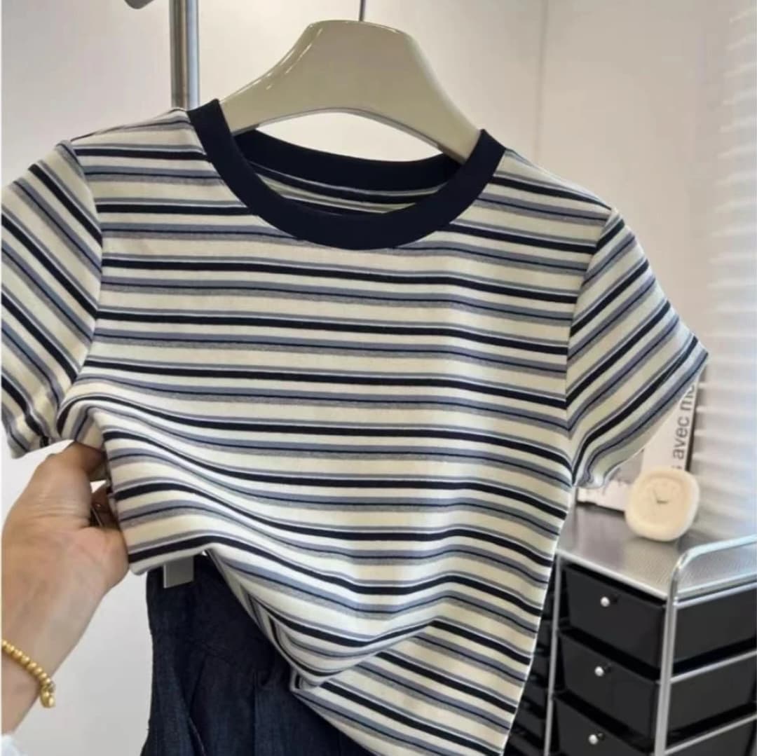 American Contrast Stripe Cotton T-Shirt for Women Summer Regular Shoulder Round Neck Slim Fit Short Sleeve Top