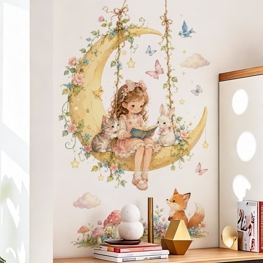 Cross-border Crescent Flower Vine Reading Girl Wall Sticker Cat Children's Room Bedroom Self-Adhesive Healing Decorative Wall Sticker Wholesale