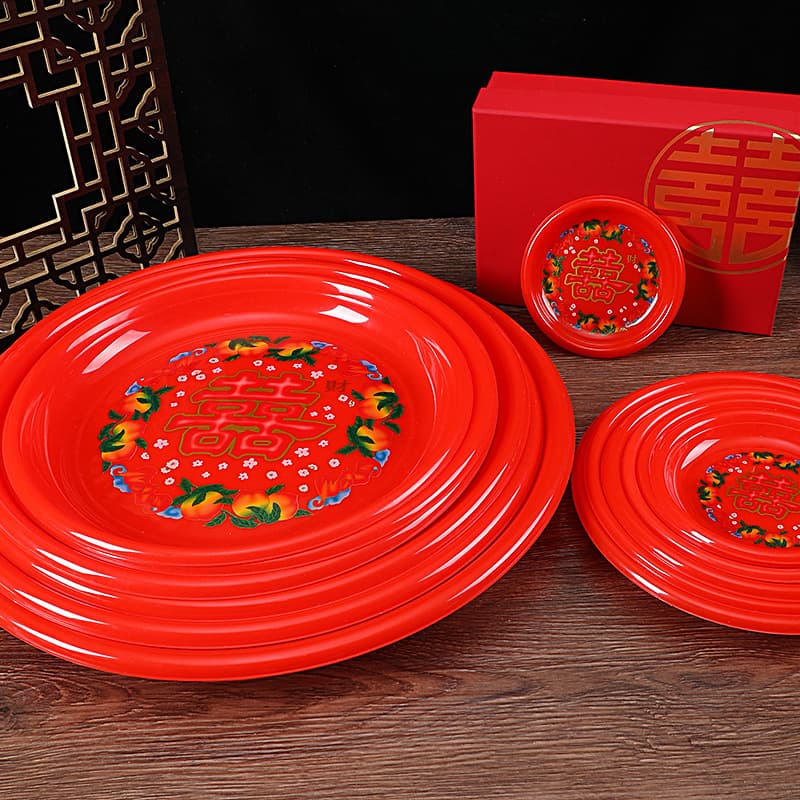 Plastic Double Happiness Tea Tray, Large Red Fruit Plate for Traditional Ceremonies and Snacks