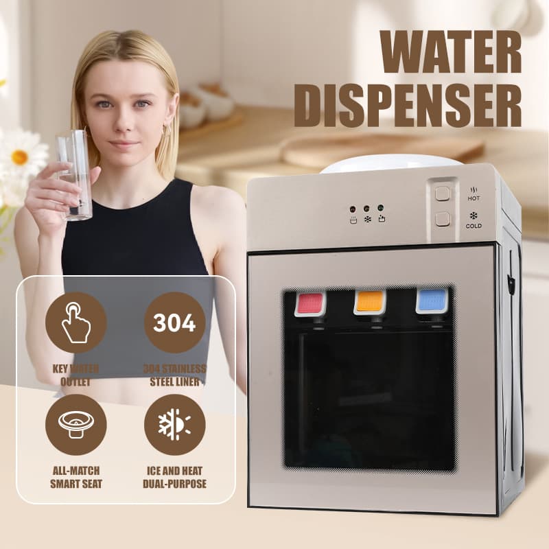 Desktop Hot and Cold Water Dispenser with Three Outlets, Small Non-Mini Refrigeration Unit for Export