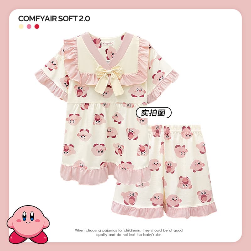 New Girls' Summer Pajamas Set Short Sleeve Cotton Peter Pan Collar Cartoon Homewear for Older Kids