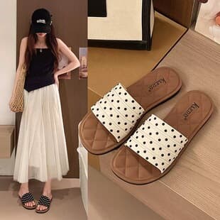 French Polka Dot Flat Sandals for Women Summer 2026 New Stunning Flat Sandals for Dresses Beach Seaside Flip Flops