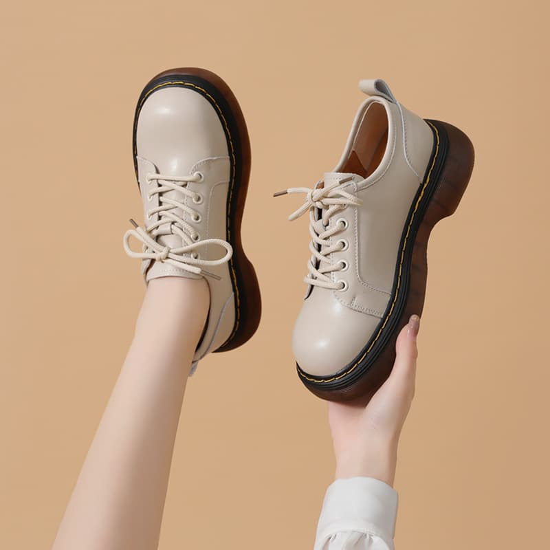 Super thick-soled small leather shoes for women, 2025 autumn new style, British style casual round toe lace-up with fleece lining JK uniform single shoes
