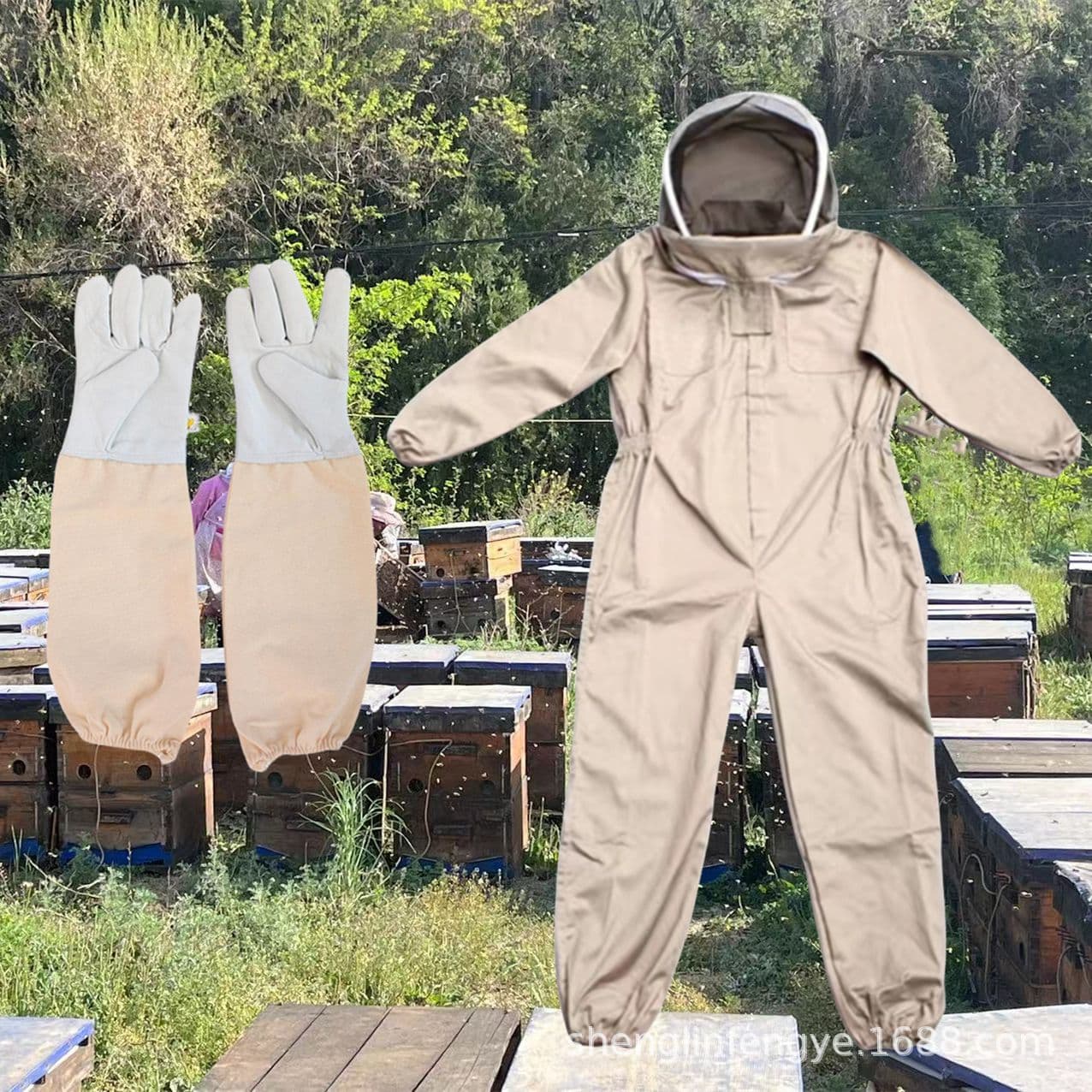 Beekeeping Apricot Spacesuit One-Piece and Separate Bee Suit White Spacesuit with Sheepskin Gloves Set