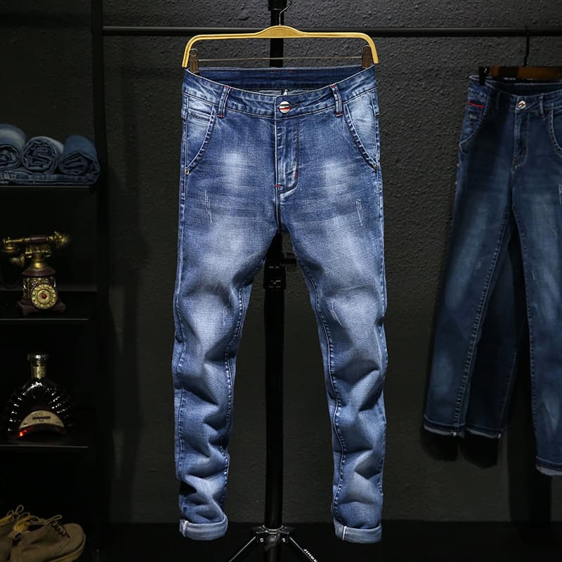 New stretch jeans for men and teenagers, casual pants for men, versatile Korean version, slim fit, small feet, men's trousers blue