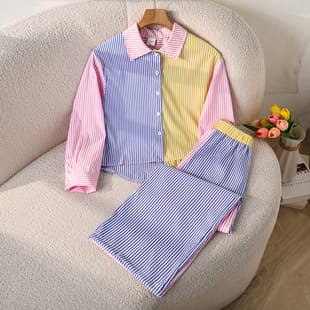 Amazon Girls Set Export Children's Clothing 2026 Spring/Autumn Contrast Stripe Long Sleeve Shirt Elastic Wide Leg Two-Piece Set