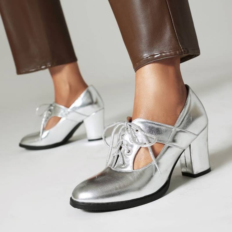 40-50 Size New Women's Fashion Shoes, Round-Toe High Heels, Cross-Border Large Size Shoes, European and American Style Chunky Heel Silver Leather Shoes