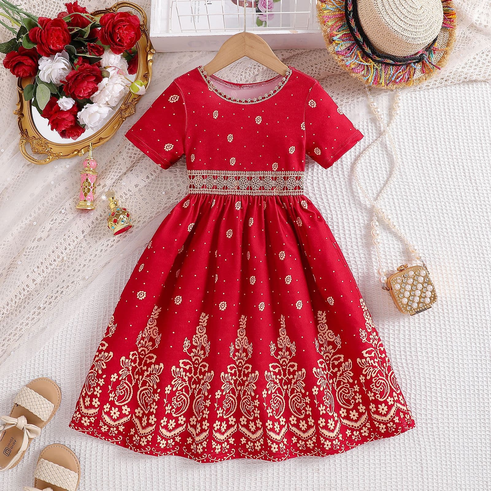 Girls' Red Gold Foil Ethnic Style Short Sleeve Dress 2026 Summer New Children's Birthday Party Gown