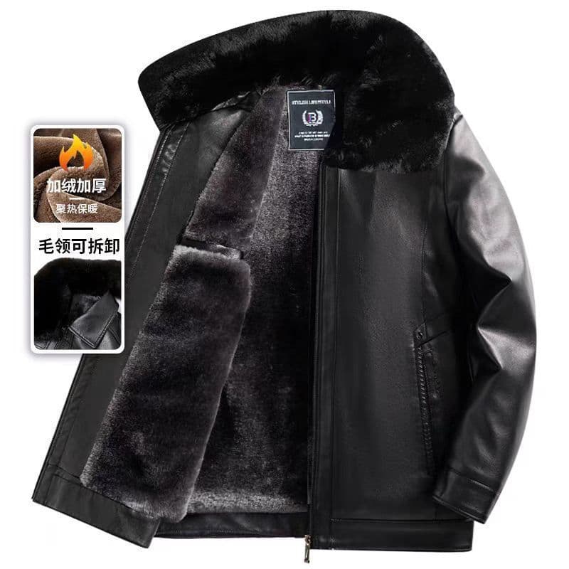 Thickened Warm Leather Jacket for Middle-aged and Elderly Men with Rabbit Fur Collar, Winter Lined Leather Coat for Dad