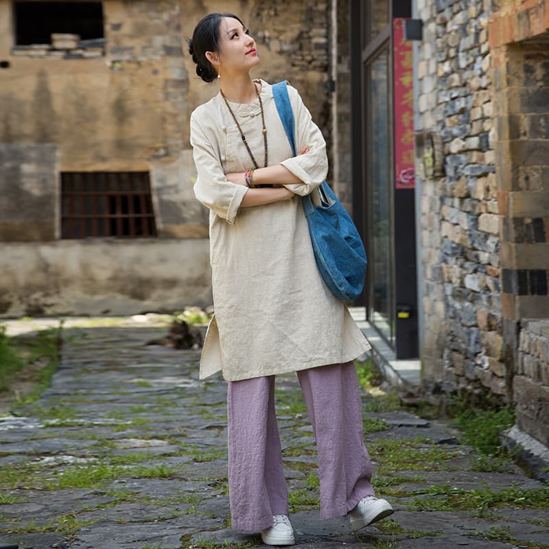 26 Spring Ramie Chinese Style Zen-inspired Fairy-like Tea Dress, Unique Cheongsam-style Top, Modified Young Girl's Chinese Long Shirt