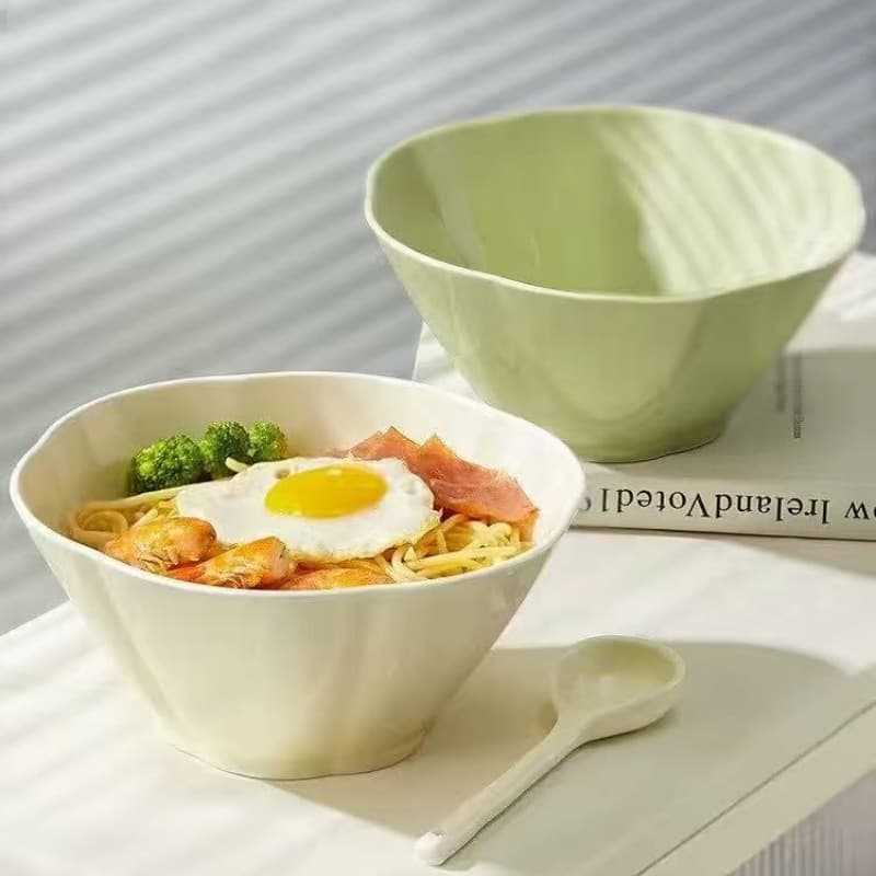 Cream-style Ceramic Bowl for Home Use, 6-inch Conical Bowl for Noodles, Soup Bowl, High-Aesthetic Salad Bowl, Fruit Bowl